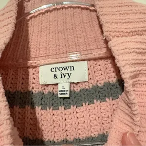 Crown &‎ Ivy chenille Turtleneck Sweater striped Pink Gray Size large thumbnail 4
