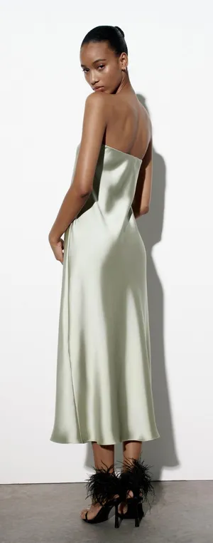 ZARA midi dress satin sleeveless tube olive green wedding party summer thumbnail 8