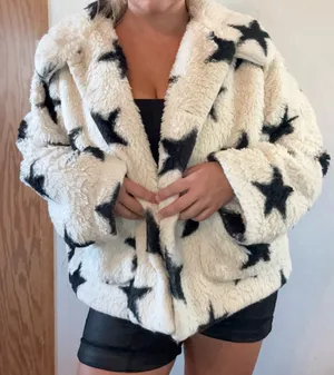 POPSUGAR Black White Star Faux Fur Teddy Jacket XL thumbnail 1