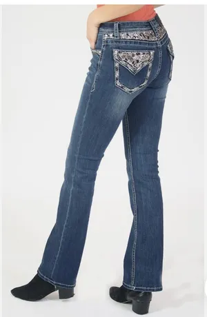 Women's Sequin Embellished Pockets Low Rise Bootcut Stretch Jeans thumbnail 2