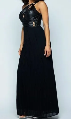 Pleated Maxi dress one shoulder. Faux leather. (S) thumbnail 4