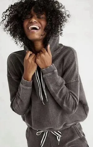 Aerie Gray Ribbed Corded Hoodie Cropped Textured Pullover Cozy Lounge Gorpcore thumbnail 1
