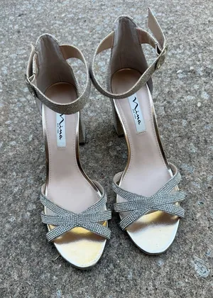 Nina New York Gold Shimmer Rhinestone Strappy Ankle Strap Block Heel Sandals thumbnail 1