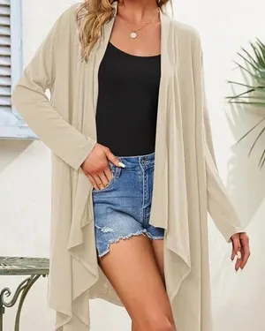 Open Front‎ Lightweight Long Sleeve Draped Apricot Long Cardigan Medium thumbnail 6