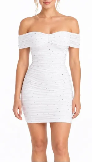 Windsor White Rhinestone Ruched Off Shoulder Bodycon Midi Dress XS NWT Holiday thumbnail 1