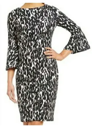 Calvin Klein NWT Womens Black White Animal Print Bell Sleeve Sheath Dress Size 2 thumbnail 1
