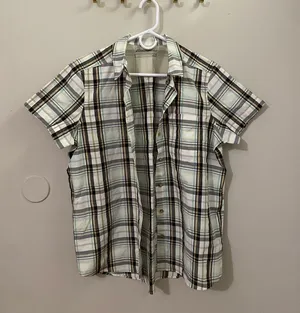 Eddie Bauer Short-Sleeve Plaid Button-Down Shirt - Green, Brown & White thumbnail 1