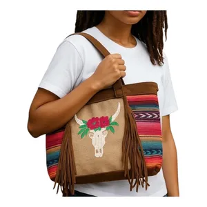Tote Bag Womens Large Multi-Color Serape Western Boho Longhorn Fringe‎ Hippie thumbnail 14
