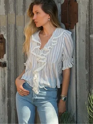 Ralph Lauren Jeans Company Cotton Striped Ruffle Blue White Blouse Medium thumbnail 9