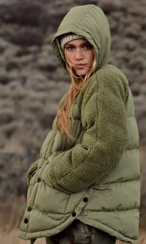 Anthropologie Pilcro Green Swing Puffer Jacket Sherpa Fleece Sleeve Coat Size S thumbnail 1