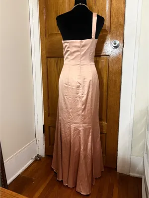 Hebeos Size 4 Blush One Shoulder Satin Formal Gown Maxi Dress Side Slit thumbnail 3