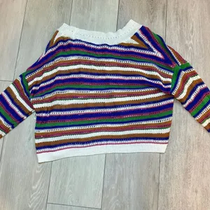 NWT knit striped crocheted Colorful fall cropped sweater cardigan‎ size medium thumbnail 2