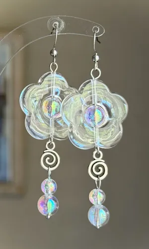 Handmade flower & swirl dangle funky cute earrings 💐🌀🩵 thumbnail 1