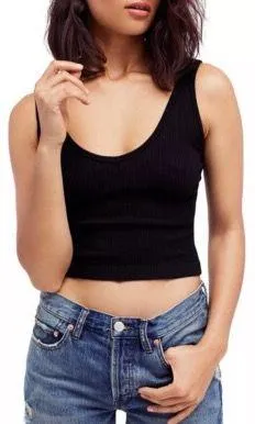 Free People Black V-Neck Ribbed Cropped Knit Tank Top thumbnail 1