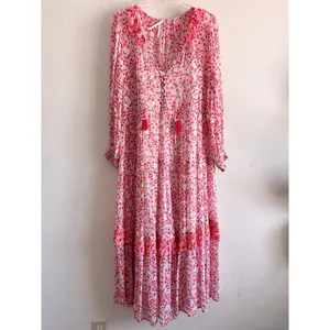 Anthropologie Marais Printed Chiffon Floral Maxi Dress Pink Boho Tassel S thumbnail 2