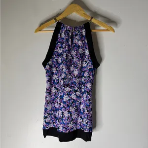 Cache Silk mock neck sleeveless‎ floral blouse Silver Chain straps Medium thumbnail 4
