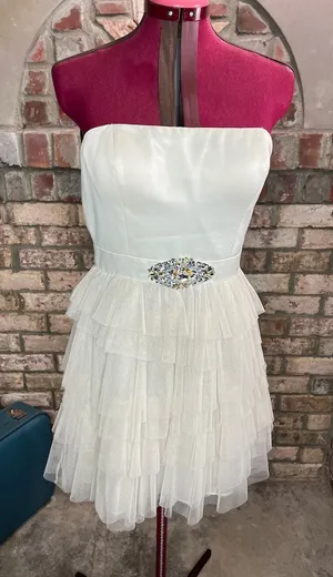 Adrianna Papell dress strapless formal cream jeweled sheer tired skirt thumbnail 1