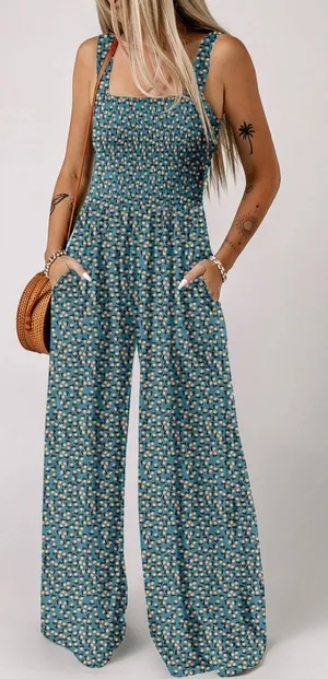 Boho Smocked Wide Leg Jumpsuit Teal Floral Palazzo‎ Romper Small Cottagecore thumbnail 1