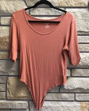 American Eagle Soft & Sexy Ribbed Short Sleeve Thong Bodysuit Rust large thumbnail 1