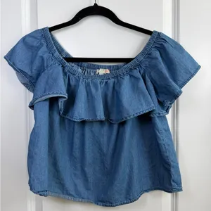 GB Denim Blue Ruffle Blouse thumbnail 1