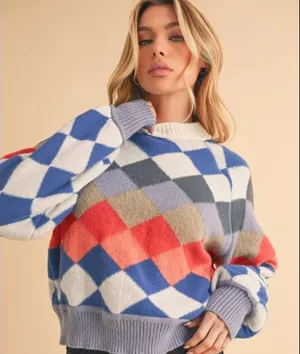 Free People Argyle Knit Sweater Blue Red Purple Diamond Pullover Small OB1255551 thumbnail 1
