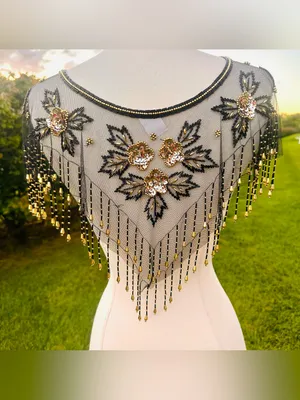 Fina Moda Vintage Beaded Black Mesh Caplet Collar Scarf with Fringe & Sequins thumbnail 4