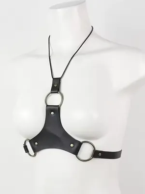 Black Leather Harness Necklace with Brass Rings thumbnail 6