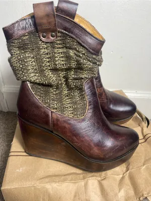 BED STU Bruges Teak Rustic Brown Leather Bootie Boots Slouch Wooden Wedge Sz 8.5 thumbnail 4
