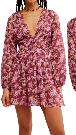 Free People Dress Keep You Mini Long Sleeve Cotton Floral Berry Combo Sz L thumbnail 1