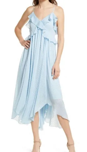 CHELSEA 28 Light Blue Ruffle Neck Spaghetti Strap MIDI Dress size Medium EUC thumbnail 1