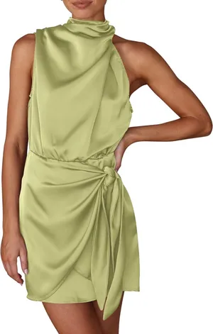 PRETTYGARDEN Green silk one shoulder dress thumbnail 1