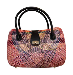 Le‎ Sac Woven Straw Top Handle Handbag Colorful Woven Design Black Accents Gold thumbnail 1