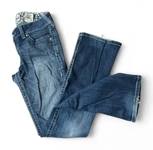 Ariat Womens Real Denim Bootcut Jeans Low Rise Whiskered Distressed Medium Wash thumbnail 1