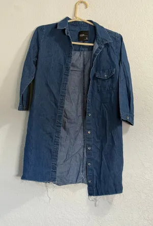 Zara Trafaluc Button Front Denim Shirt Dress Size S Raw Hem Country Western thumbnail 1