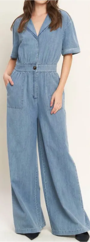 Vici Quiet Luxury Lightweight Chambray Denim Jumpsuit Coveralls Boiler Suit Blue thumbnail 1