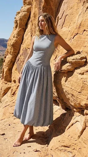 NWT Reformation Elvira in Slate Check Gingham Cotton Bubble Hem Midi Dress 6 thumbnail 1