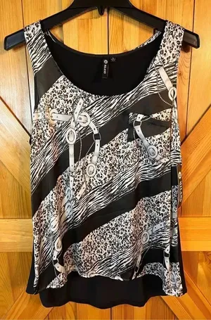 Milano Sz L Silky Tank Top Animal Print Belt Rope Mixed Media Material Stretch n thumbnail 1