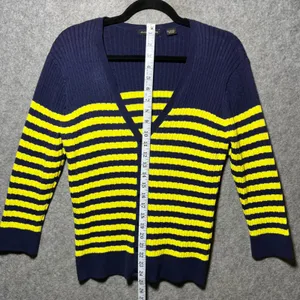 Jeanne‎ Pierre Womens Navy Blue Yellow Striped Ribbed Cotton Cardigan Sweater L thumbnail 3