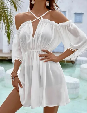 SheIn White Pom Pom Trim Cover-Up thumbnail 3