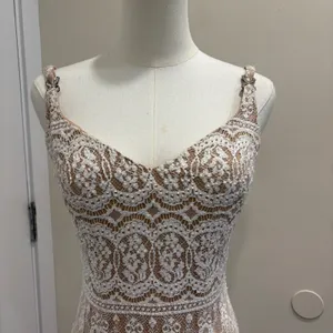 VTG 90s NiteLine White Lace Beaded Tan Mini Dress 2‎ Bridal Goth Witchy Coquette thumbnail 4