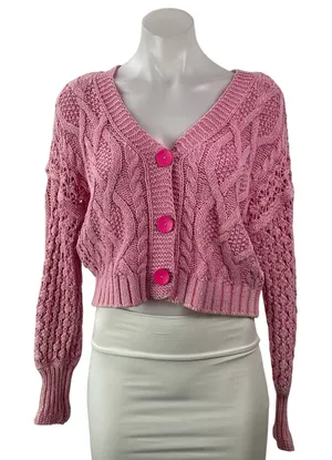 Anthropologie Pilcro Pink Cable Knit V Neck Cropped Button Cardigan Sweater XSP thumbnail 1