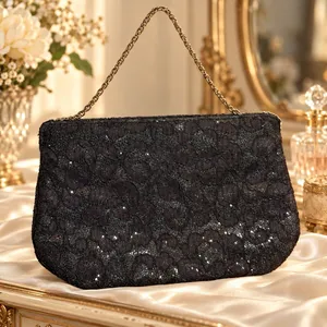 Vintage Black Floral Lace Glitter Evening Bag Gold Tone Chain Strap Formal Purse thumbnail 1