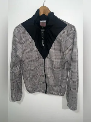 Zara Gray Plaid Bomber Jacket with Black Contrast Yoke thumbnail 4