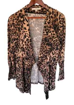 Boston Proper Cardigan Womens XS Brown Leopard Print Open‎ Front Waterfall Knit thumbnail 1