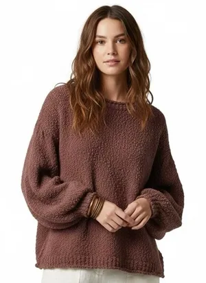 POL TSS224 Popcorn Knit Pullover Sweater Mauve Plum Boho Balloon Sleeve Size M thumbnail 1