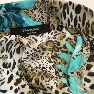 Rare Y2K Belissimo Leopard patchwork fitted shirt top blouse turquoise floral button ruffles boho hippie indie office siren core long sleeve-M thumbnail 5