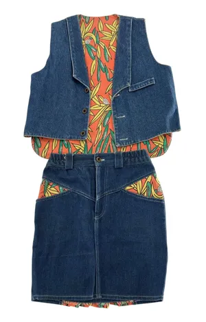 Vintage‎ Papaya Denim Vest and Skirt Set Size 8 Tropical Ruffle Western 80s 90s thumbnail 1