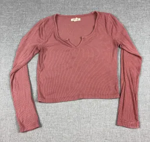 Madewell T-Shirt Womens S Pink Notch V-Neck Long Sleeve Ribbed Cropped Top thumbnail 1