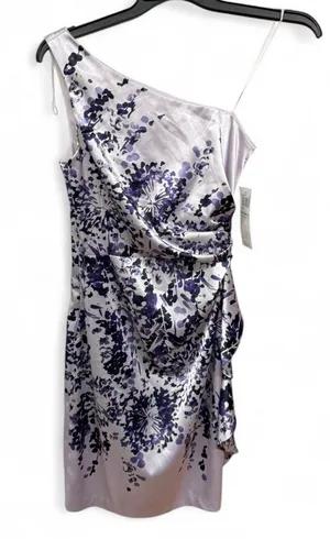 Maggy London One-Shoulder Satin Sheath Dress Floral Lavender Purple Size 8 thumbnail 1