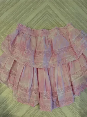 LoveShackFancy Pink White Tie Dye Lace Tiered Mini Skirt Size Medium thumbnail 6
